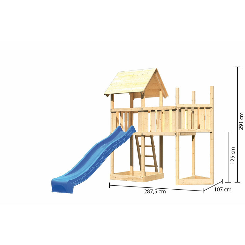 Akubi kinderspeeltoren "Lotti" zadeldak SET naturel met scheepsbevestiging bovenop, uitschuifplatform, glijbaan blauw