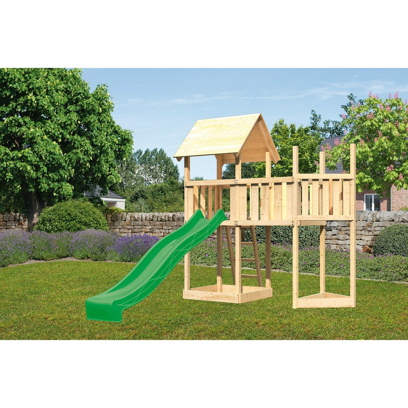 Akubi Kinderspielturm "Lotti" Satteldach SET naturbelassen mit Schiffsanbau oben,  Anbauplattform, Rutsche grün