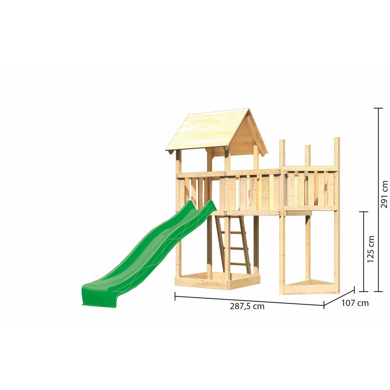 Akubi Kinderspielturm "Lotti" Satteldach SET naturbelassen mit Schiffsanbau oben,  Anbauplattform, Rutsche grün