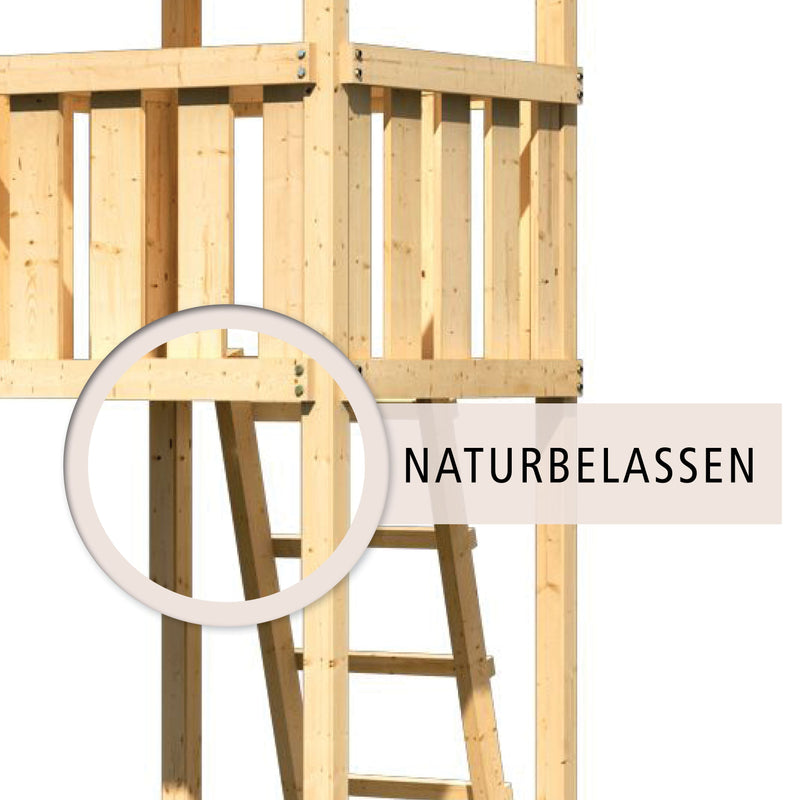 Akubi Kinderspielturm "Lotti" Satteldach SET naturbelassen mit Schiffsanbau oben,  Anbauplattform, Rutsche grün