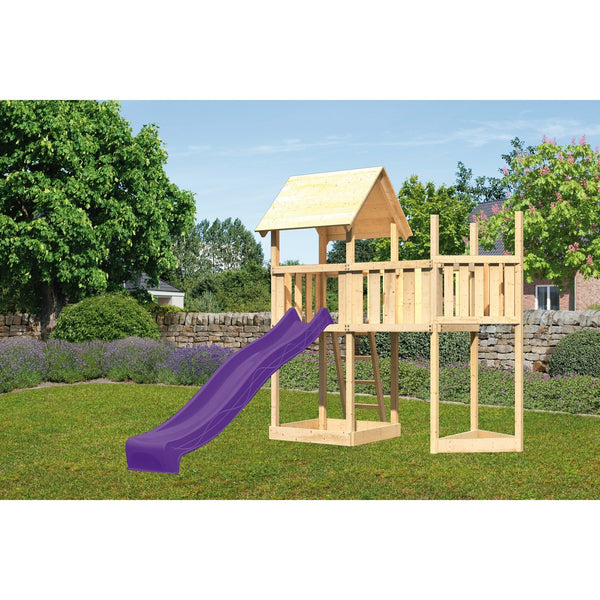 Akubi Kinderspielturm "Lotti" Satteldach SET naturbelassen mit Schiffsanbau oben,  Anbauplattform, Rutsche Violett