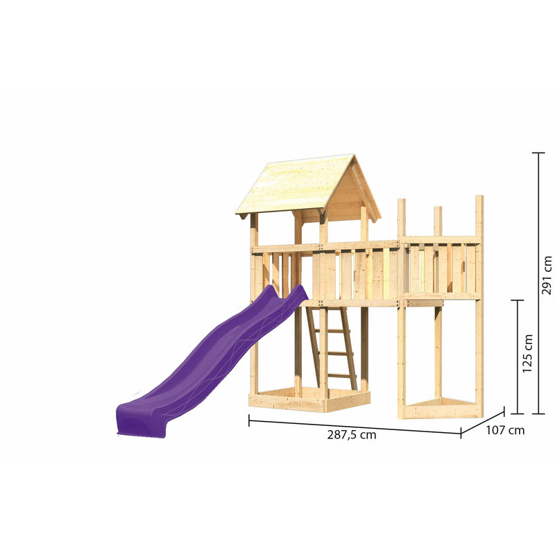 Akubi Kinderspielturm "Lotti" Satteldach SET naturbelassen mit Schiffsanbau oben,  Anbauplattform, Rutsche Violett