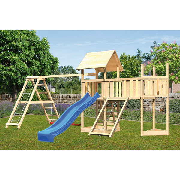 Akubi Kinderspielturm "Lotti" Satteldach SET naturbelassen mit Schiffsanbau oben, Anbau XL, Wellenrutsche blau, Kletterwand, Netzrampe DS-Kletter