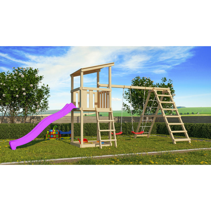 Tour de jeux Akubi Anna SET naturel avec portique double balançoire et toboggan violet