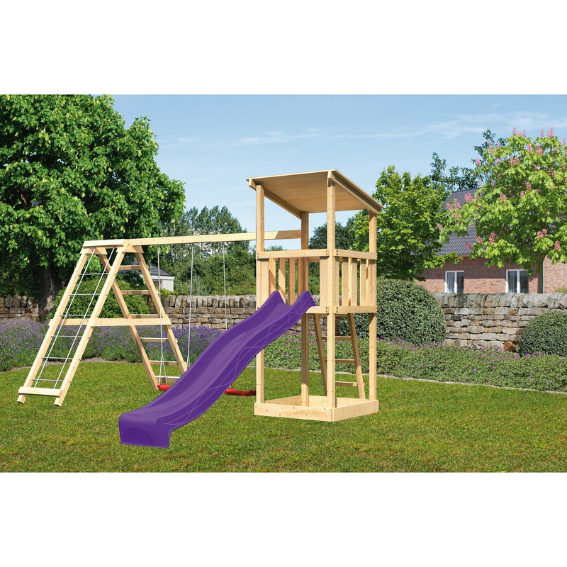 Tour de jeux Akubi Anna SET naturel avec portique double balançoire et toboggan violet