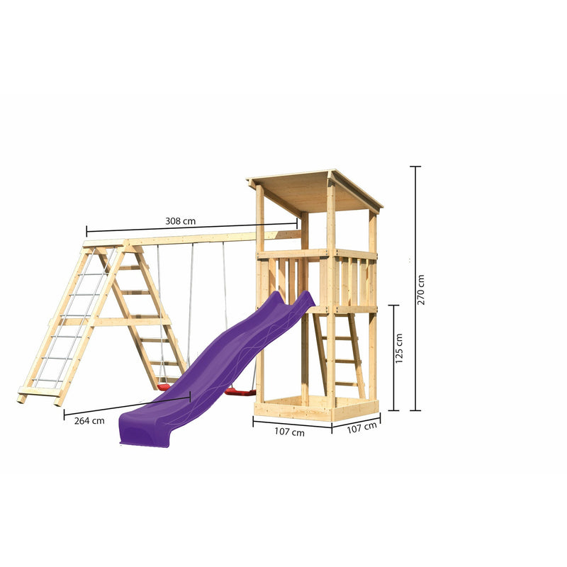 Akubi Spielturm Anna SET naturbelassen mit Doppelschaukel  Klettergerüst und Rutsche violett