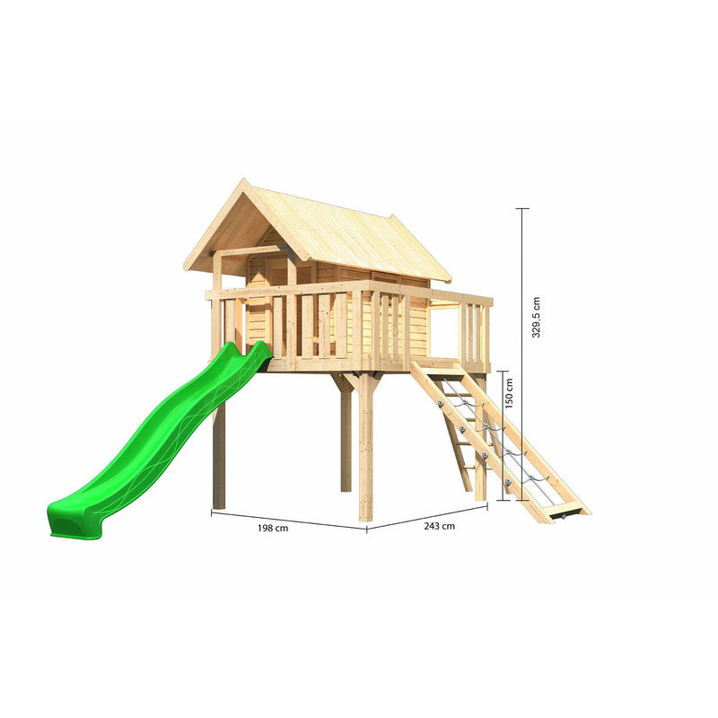 Maison sur pilotis Akubi "Fidel" SET naturel avec toboggan à vagues 3m vert, rampe en filet