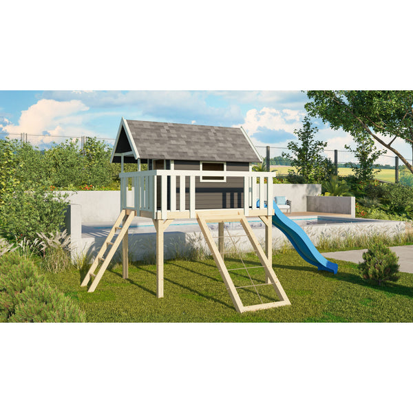 Akubi Stelzenhaus "Fidel" SET terragrau mit Wellenrutsche 3m blau, Netzrampe