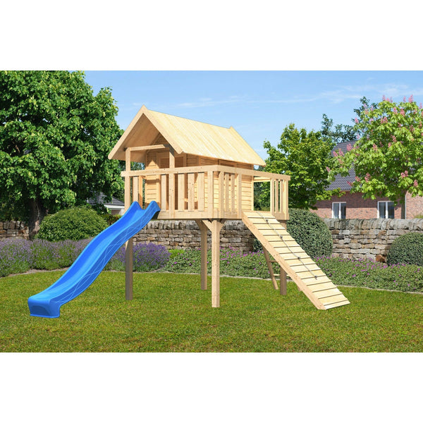 Akubi Stelzenhaus "Fidel" SET naturbelassen mit Wellenrutsche 3m blau, Holzrampe