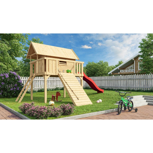 Akubi Stelzenhaus "Fidel" SET naturbelassen mit Wellenrutsche 3m rot, Holzrampe