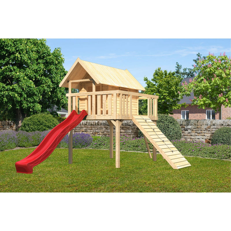 Maison sur pilotis Akubi "Fidel" SET naturel avec toboggan à vagues 3m rouge, rampe en bois