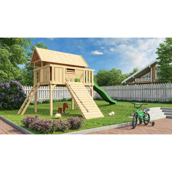 Maison sur pilotis Akubi "Fidel" SET naturel avec toboggan à vagues 3m vert, rampe en bois