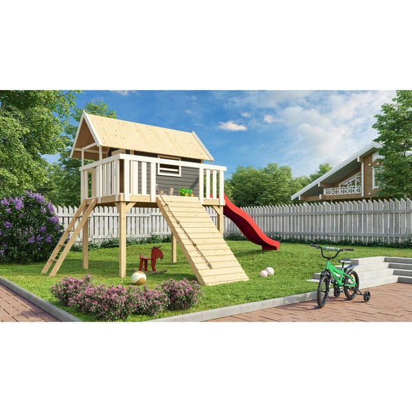 Akubi Stelzenhaus "Fidel" SET terragrau mit Wellenrutsche 3m rot, Holzrampe