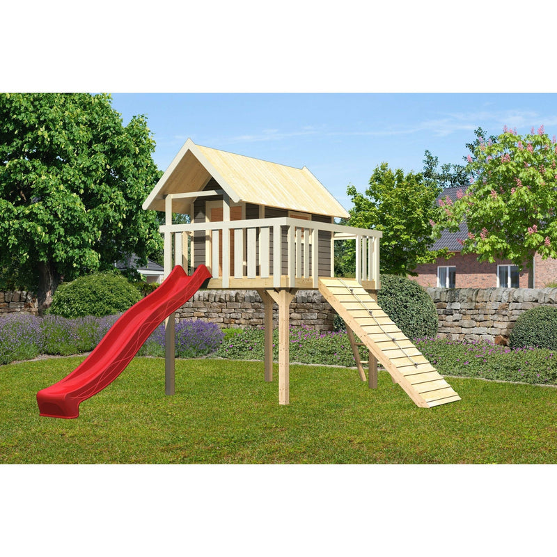 Akubi Stelzenhaus "Fidel" SET terragrau mit Wellenrutsche 3m rot, Holzrampe