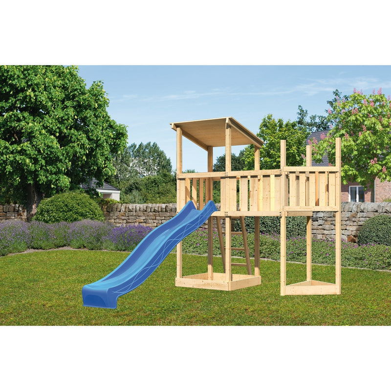 Akubi Spielturm Pultdach SET naturbelassen mit Schiffsanbau oben,  Anbauplattform, Rutsche blau