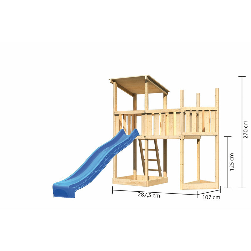 Tour de jeu Akubi avec toit en pente SET naturel avec extension de bateau au-dessus, plate-forme d'extension, toboggan bleu