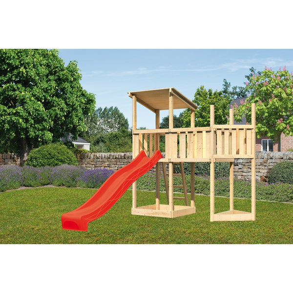 Akubi Spielturm Pultdach SET naturbelassen mit Schiffsanbau oben,  Anbauplattform, Rutsche rot