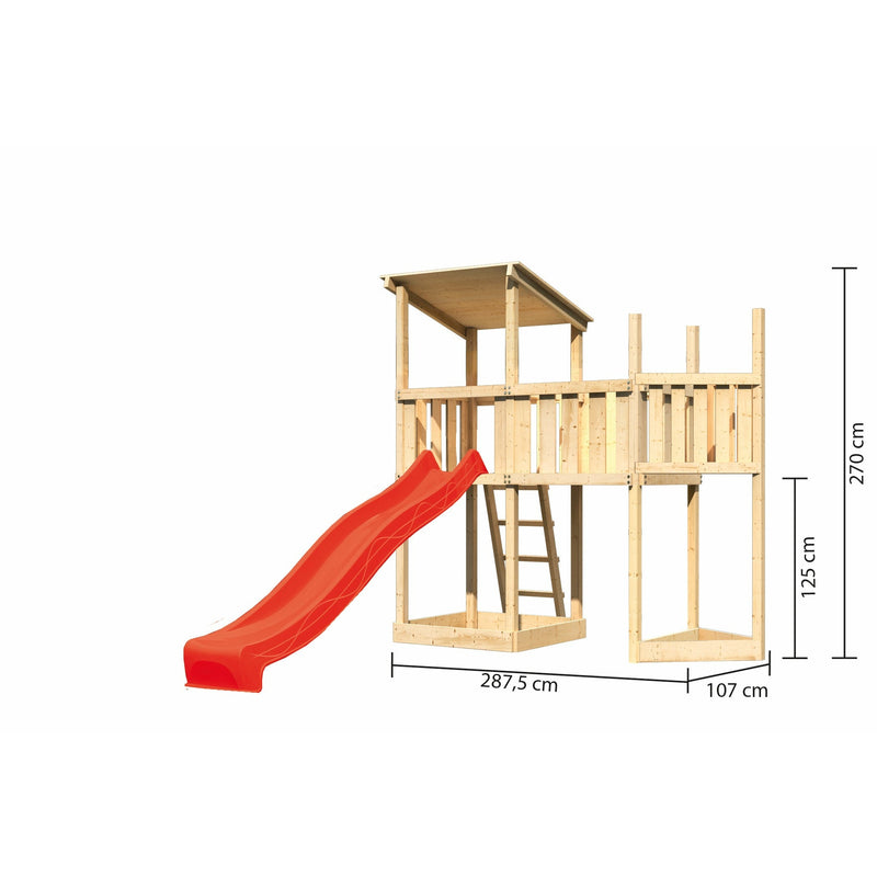 Akubi speeltoren lessenaarsdak SET naturel met scheepsuitbreiding erboven, uitbreidplatform, glijbaan rood