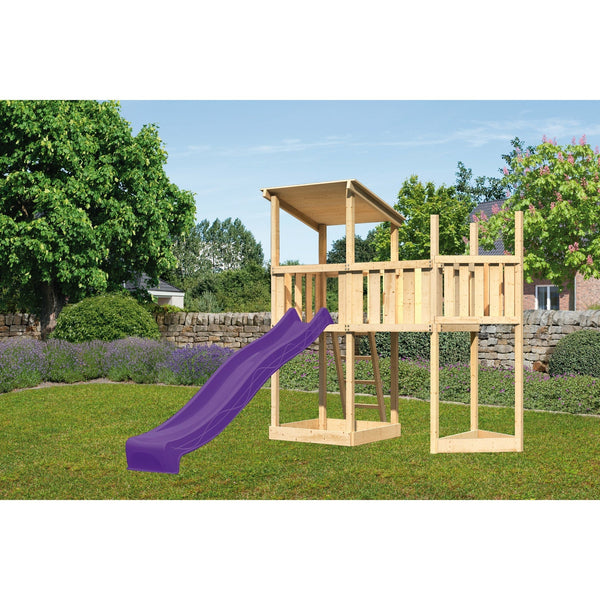 Akubi Spielturm Pultdach SET naturbelassen mit Schiffsanbau oben,  Anbauplattform, Rutsche violett