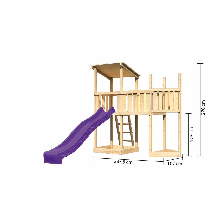 Akubi Spielturm Pultdach SET naturbelassen mit Schiffsanbau oben,  Anbauplattform, Rutsche violett