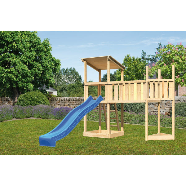 Akubi Spielturm Pultdach SET naturbelassen mit Schiffsanbau oben,  Anbauplattform XL, Rutsche blau