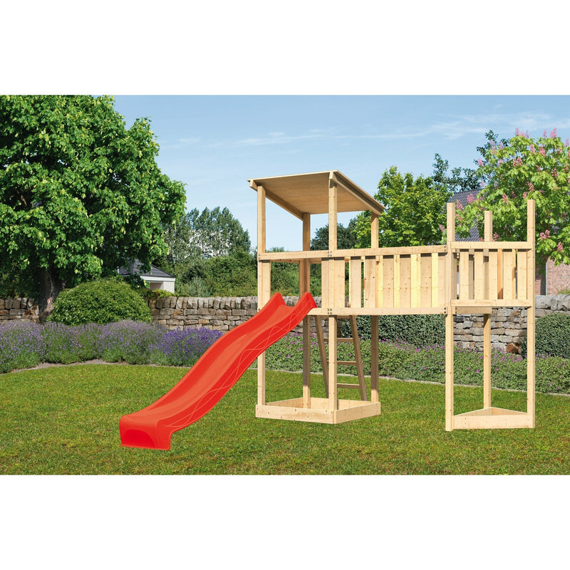 Akubi Spielturm Pultdach SET naturbelassen mit Schiffsanbau oben,  Anbauplattform XL, Rutsche rot