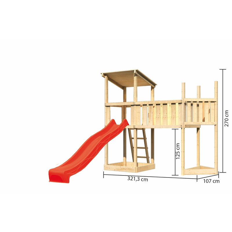 Akubi Spielturm Pultdach SET naturbelassen mit Schiffsanbau oben,  Anbauplattform XL, Rutsche rot