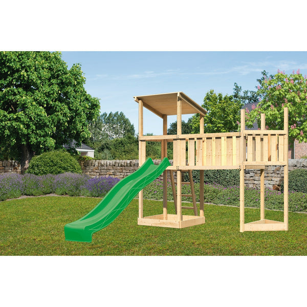 Akubi Spielturm Pultdach SET naturbelassen mit Schiffsanbau oben,  Anbauplattform XL, Rutsche grün