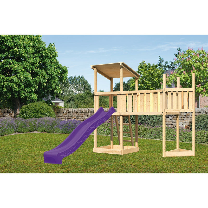 Akubi Spielturm Pultdach SET naturbelassen mit Schiffsanbau oben,  Anbauplattform XL, Rutsche violett