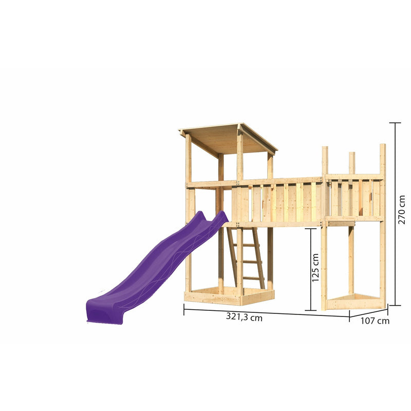 Akubi Spielturm Pultdach SET naturbelassen mit Schiffsanbau oben,  Anbauplattform XL, Rutsche violett