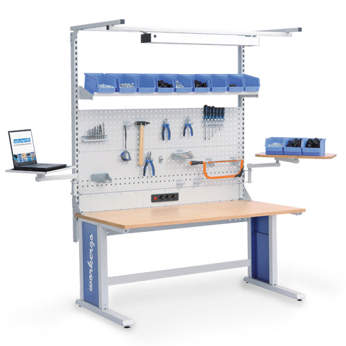 Bedrunka+Hirth Multi-Wand-Aufbau workergo Breite 2000 mit Obergestell , 1x Energiekanal, 4x Lochplatte, 2x Fachboden, 2x Schwenkarm