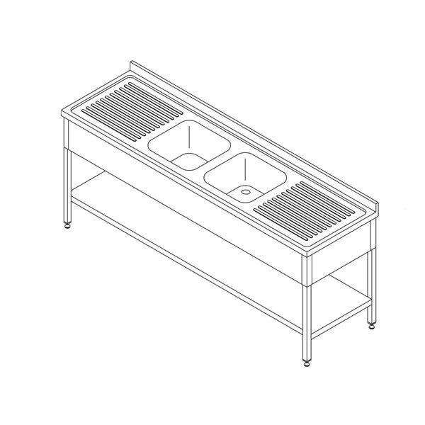 Meuble évier Gastro MAXIMA - 210 x 70 cm - avec 2 bacs et dosseret - avec étagère de rangement