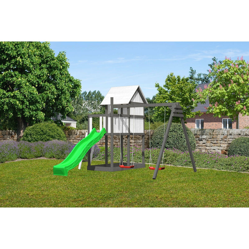 Maison de jeux pour enfants Akubi "Frida" SET naturel avec extension, lambris, kits de peinture pour enfants, extension à double balançoire, toboggan à vagues vert