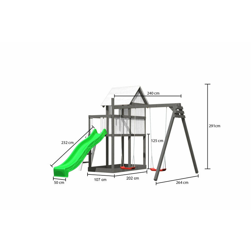 Maison de jeux pour enfants Akubi "Frida" SET naturel avec extension, lambris, kits de peinture pour enfants, extension à double balançoire, toboggan à vagues vert