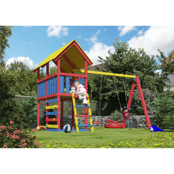 Akubi Kinderspielturm  "Zirkusturm" SET naturbelassen mit Kletterwand, Schaukelanbau doppel, Verlängerung, Kinderfarbmalsets