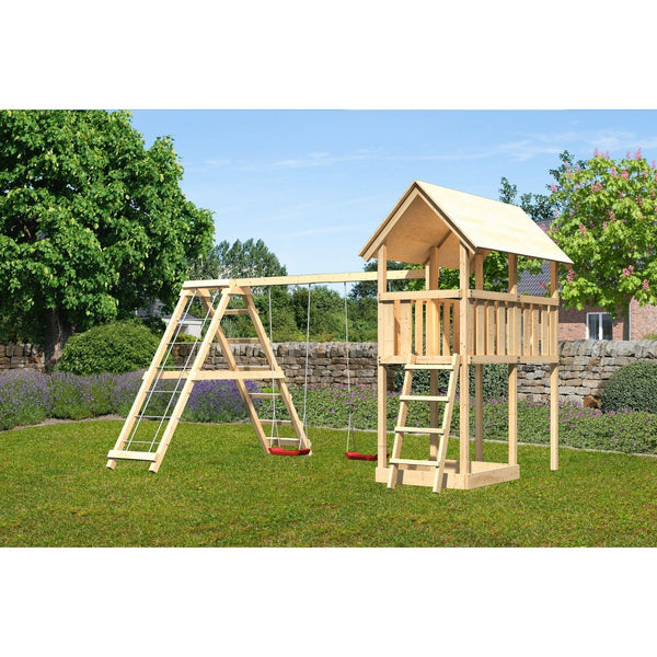 Akubi Kinderspielturm "Danny" SET naturbelassen mit Doppelschaukelanbau mit Klettergerüst und Netzrampe