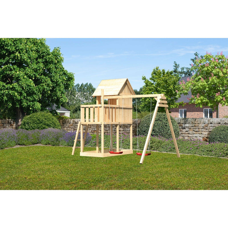 Akubi Kinderspielhaus "Frieda" SET naturbelassen mit Schaukelanbau Doppel