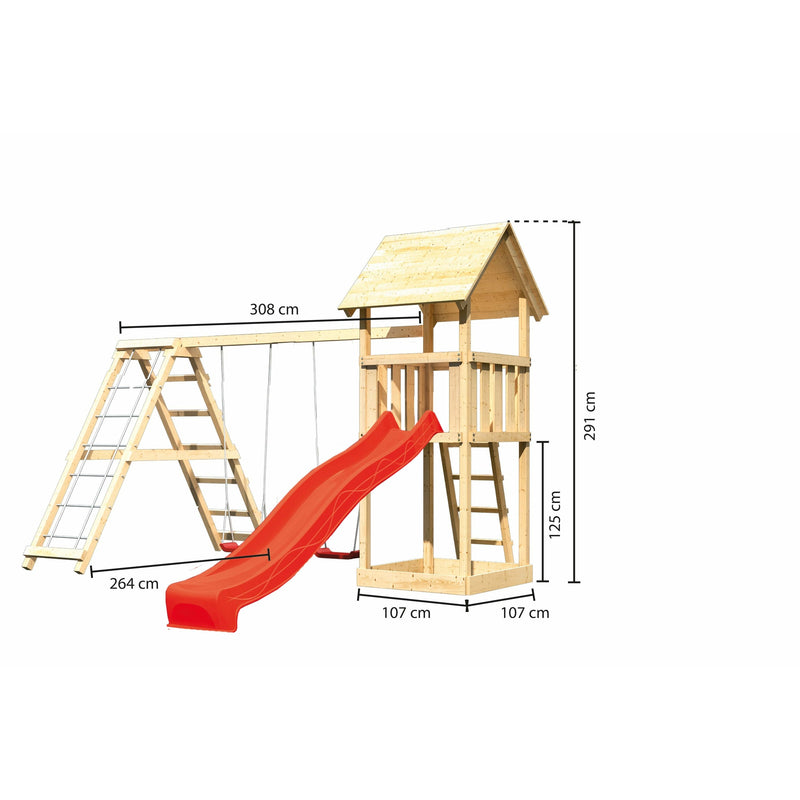 Akubi kinderspeeltoren "Lotti" zadeldak SET naturel met dubbele schommelbevestiging klimrek en glijbaan rood