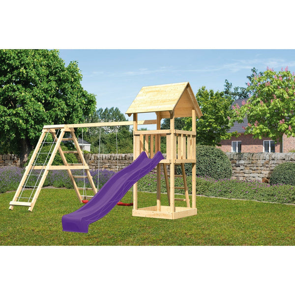 Akubi Kinderspielturm "Lotti" Satteldach SET naturbelassen mit Doppelschaukelanbau Klettergerüst und Rutsche violett