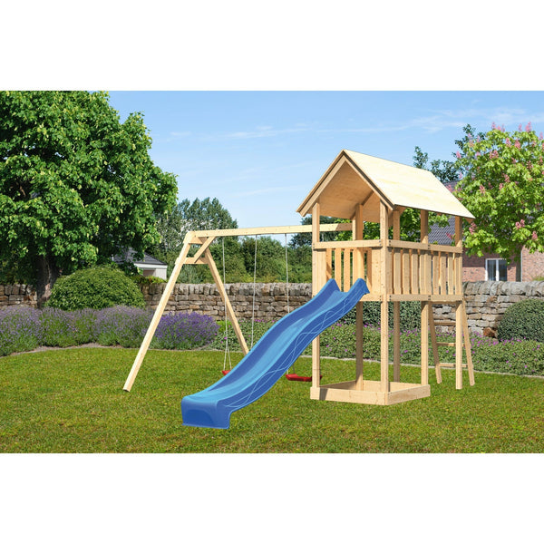 Akubi Kinderspielturm "Danny" Satteldach SET naturbelassen mit Doppelschaukel ECO und Rutsche blau