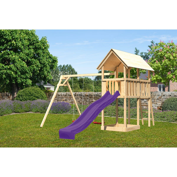 Akubi Kinderspielturm "Danny" Satteldach SET naturbelassen mit Doppelschaukel ECO und Rutsche violett