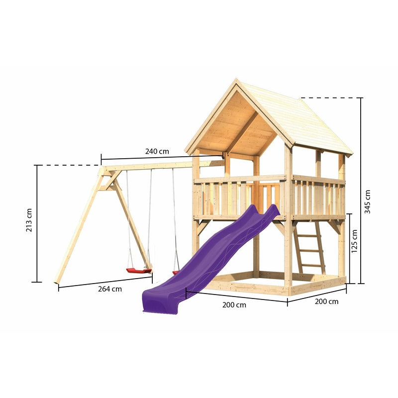 Akubi speeltoren "Luis" zadeldak SET met dubbele schommel en glijbaan paars