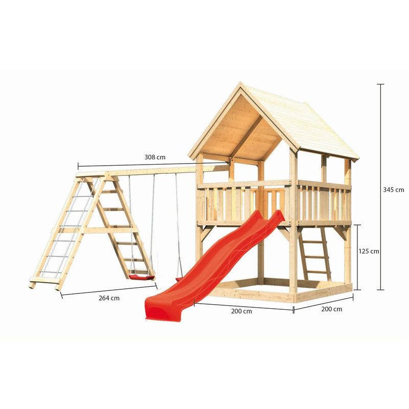Akubi Spielturm "Luis" Satteldach SET naturbelassen mit Doppelschaukel Klettergerüst und Rutsche rot