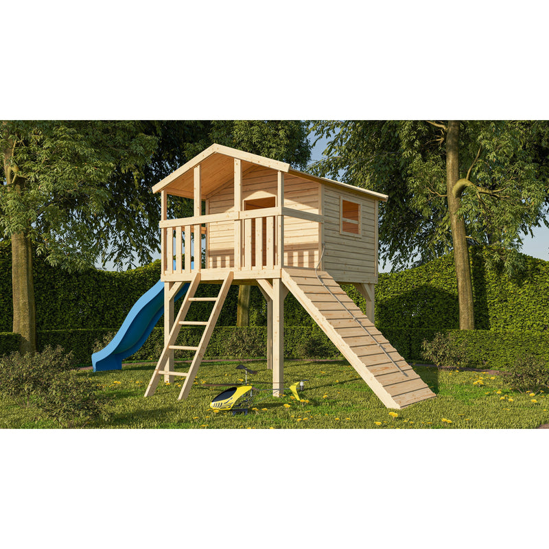 Akubi paalwoning "Benjamin" SET naturel met houten helling, glijbaan 3m blauw