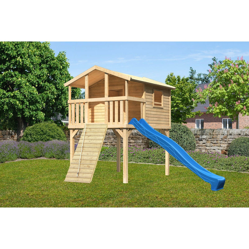 Akubi paalwoning "Benjamin" SET naturel met houten helling, glijbaan 3m blauw