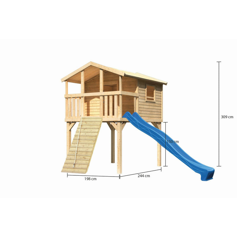 Akubi paalwoning "Benjamin" SET naturel met houten helling, glijbaan 3m blauw