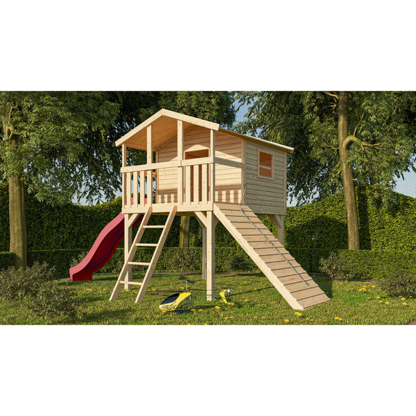 Akubi paalwoning "Benjamin" SET naturel met houten helling, glijbaan 3m rood