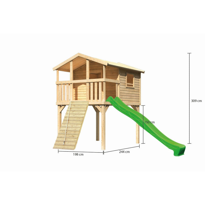 Akubi Stelzenhaus "Benjamin" SET naturbelassen mit Holzrampe, Rutsche 3m grün