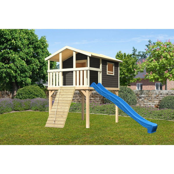 Akubi Stelzenhaus "Benjamin" SET terragrau mit Holzrampe, Rutsche 3m blau