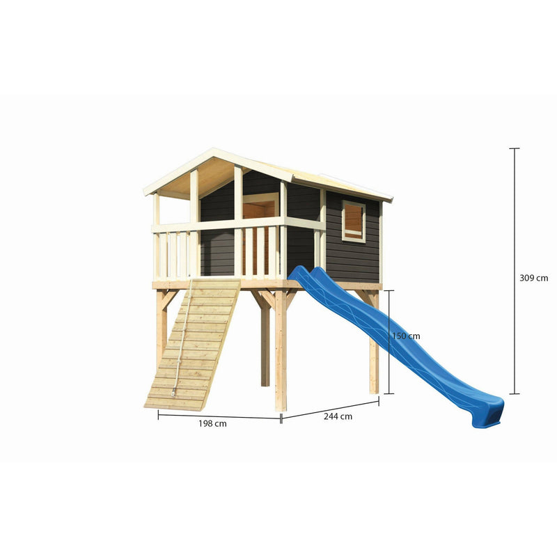 Akubi Stelzenhaus "Benjamin" SET terragrau mit Holzrampe, Rutsche 3m blau